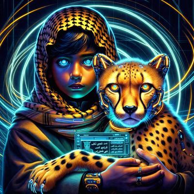 The primary subject of the image is a young boy holding a cheetah cub. The setting is a futuristic environment, with the boy and the cheetah cub standing in front of a blue and yellow background. The visual style is a digital art illustration, creating a unique and captivating scene. The dominant colors in the image are blue and yellow, which contribute to the futuristic atmosphere.